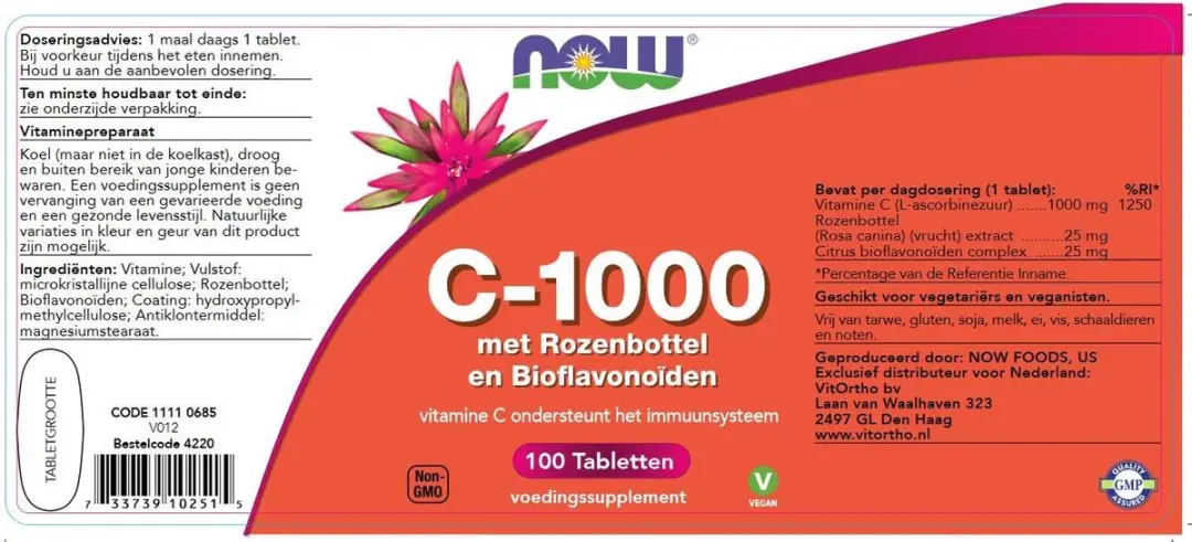 Now Foods C-1000 met Rozenbottel & Bioflavonoïden 100 Tabletten