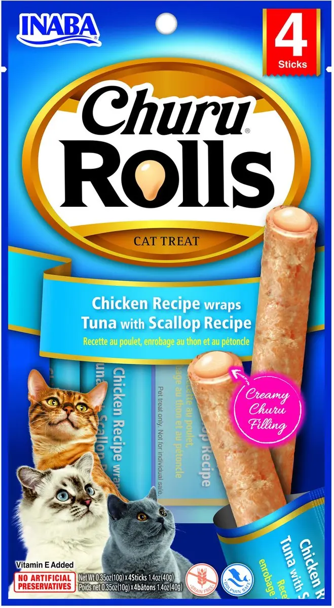 Inaba Churu Rolls Kattensnack Kip/Tonijn/Jacobsschelp 15g - 4 Sticks