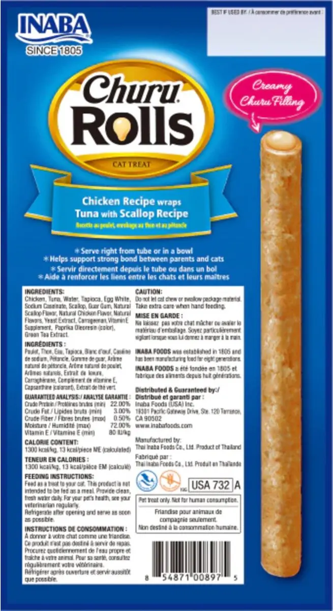 Inaba Churu Rolls Kattensnack Kip/Tonijn/Jacobsschelp 15g - 4 Sticks