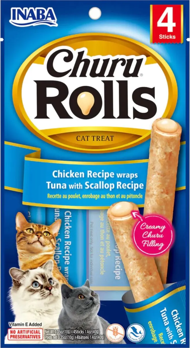 Inaba Churu Rolls Kattensnack Kip/Tonijn/Jacobsschelp 15g - 4 Sticks