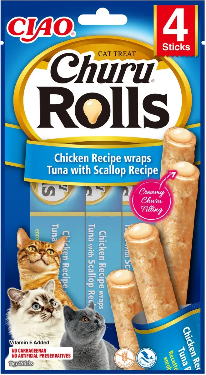 Inaba Churu Rolls Kattensnack Kip/Tonijn/Jacobsschelp 15g