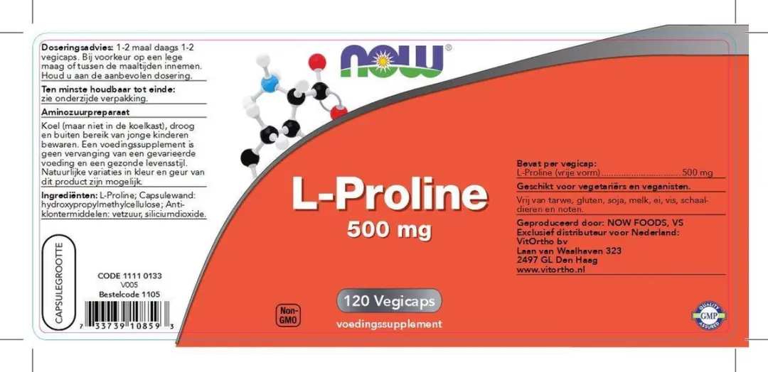 Now Foods L-Proline 500mg Capsules - 120 Stuks - afbeelding 2 van 4