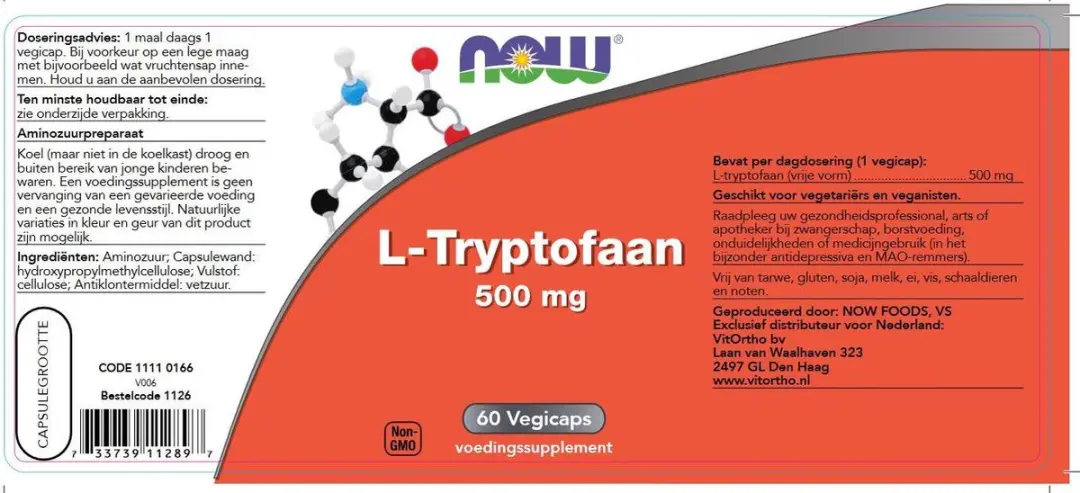 Now Foods L-Tryptofaan 500mg - 60 Vegicaps - afbeelding 2 van 3