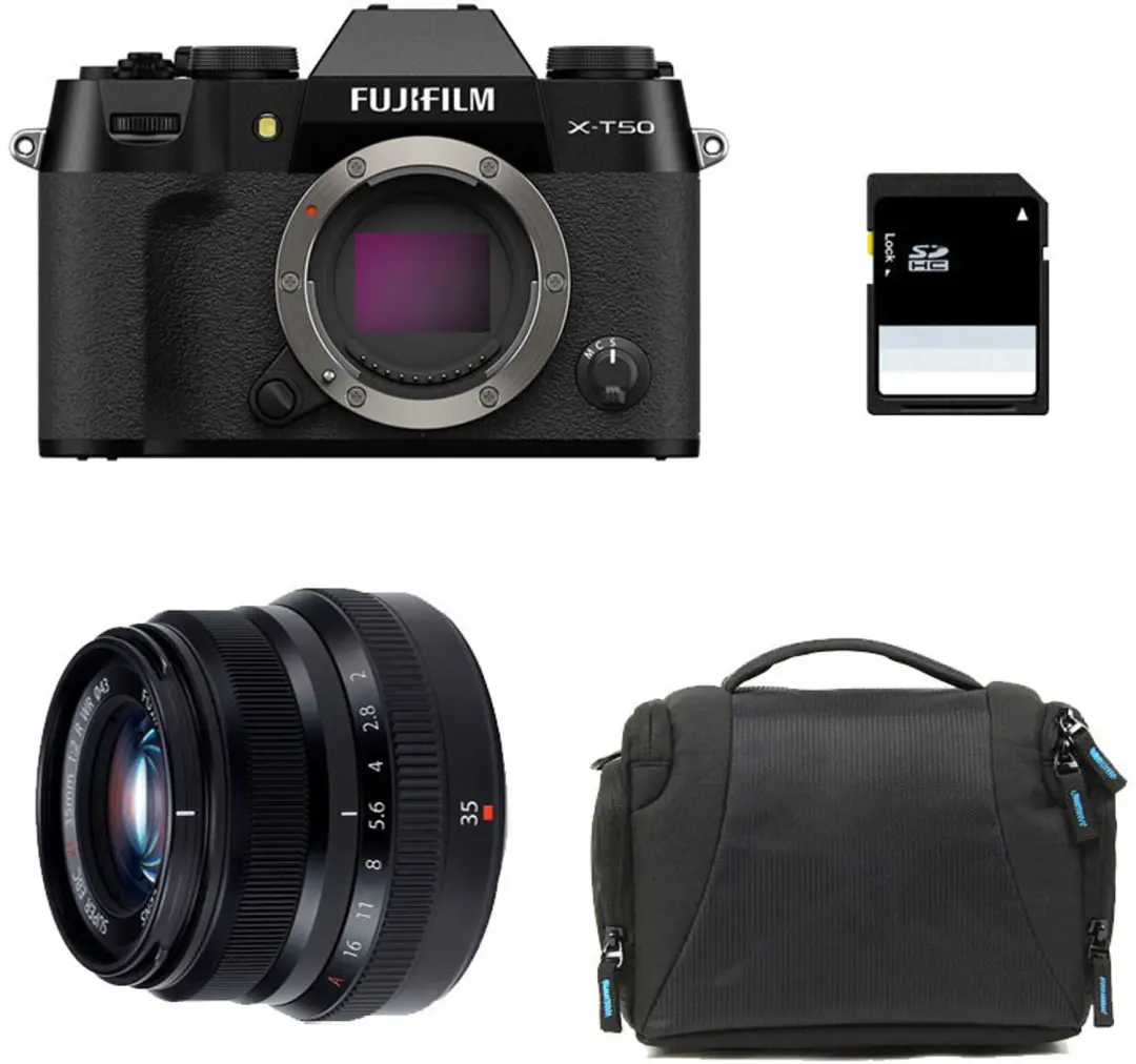 FUJIFILM X-T50 SCHWARZ + 35mm f/2 WR + Tasche + 8 GB SD-Karte
