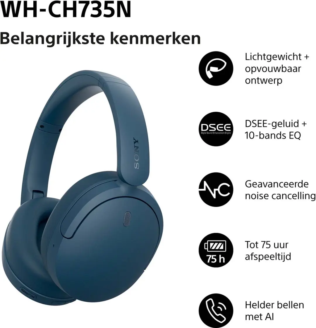Sony WH-CH735N Noise Cancelling Koptelefoon - Blauw - afbeelding 6 van 6