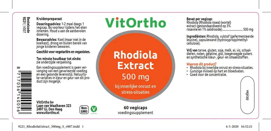 VitOrtho Rhodiola Extract 500mg - 60 Capsules - afbeelding 2 van 4