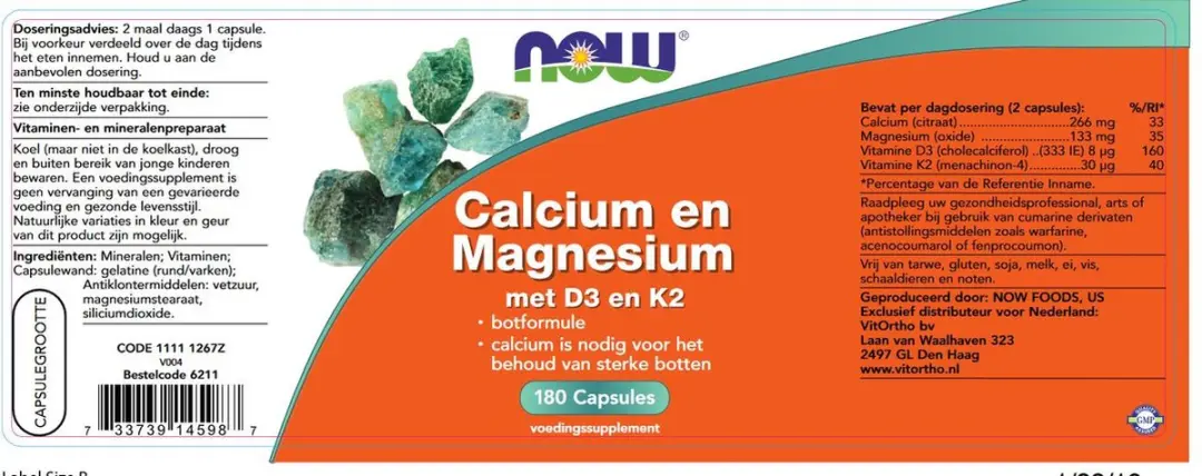 Now Foods Calcium Magnesium D3 K2 180 Capsules