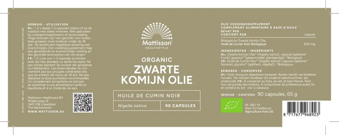 Mattisson Biologische Zwarte Komijnolie 500mg - 90 Capsules