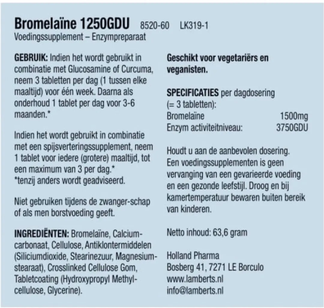 Lamberts Bromelaine 1250 GDU 60 Tabletten - 1500mg - afbeelding 2 van 6