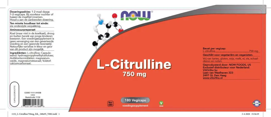 Now Foods L-Citrulline 750mg - 180 Vegicaps - afbeelding 2 van 4