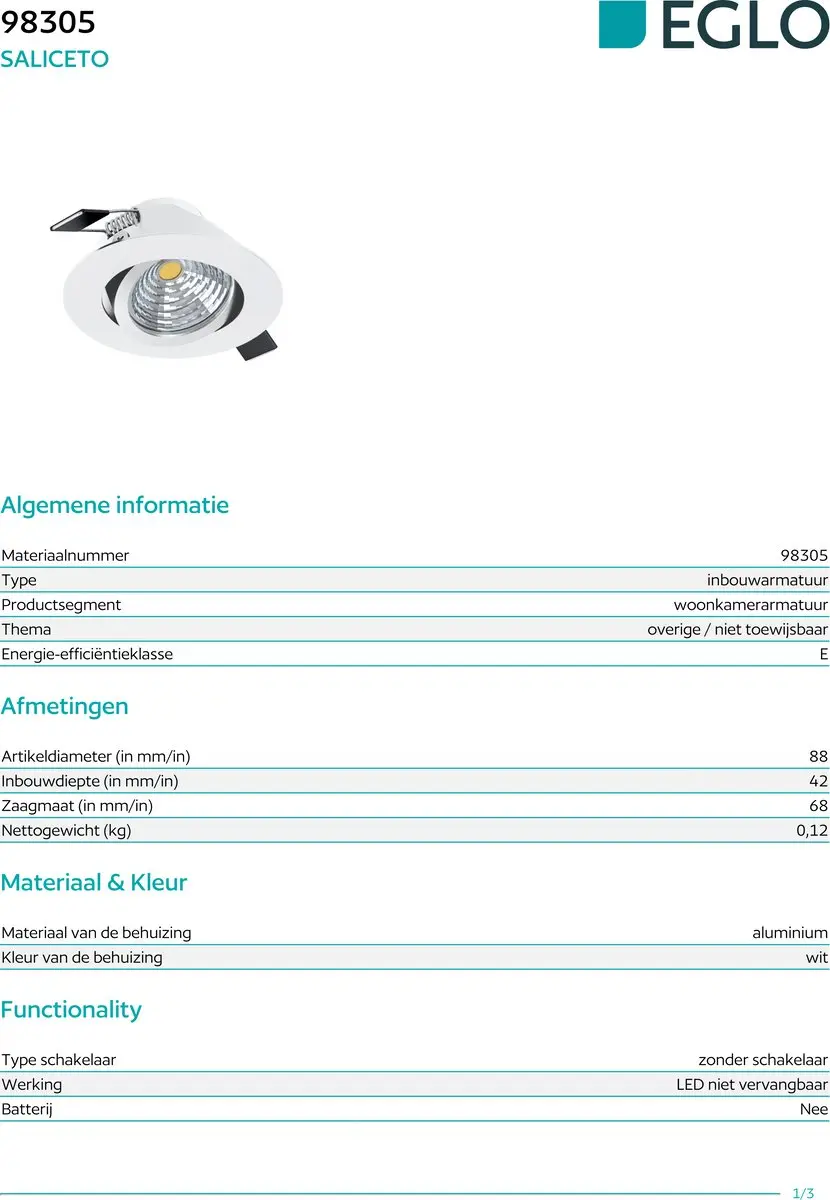 Eglo Saliceto Verzonken Spot LED 6W - 88cm Wit - afbeelding 2 van 5