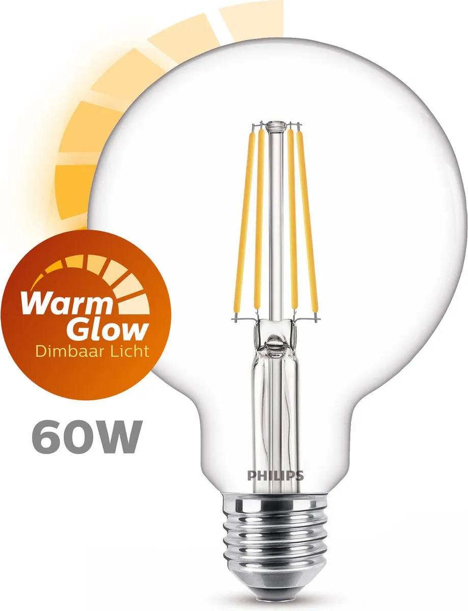 Philips LED Globe Transparant 60W E27 - Warmwit