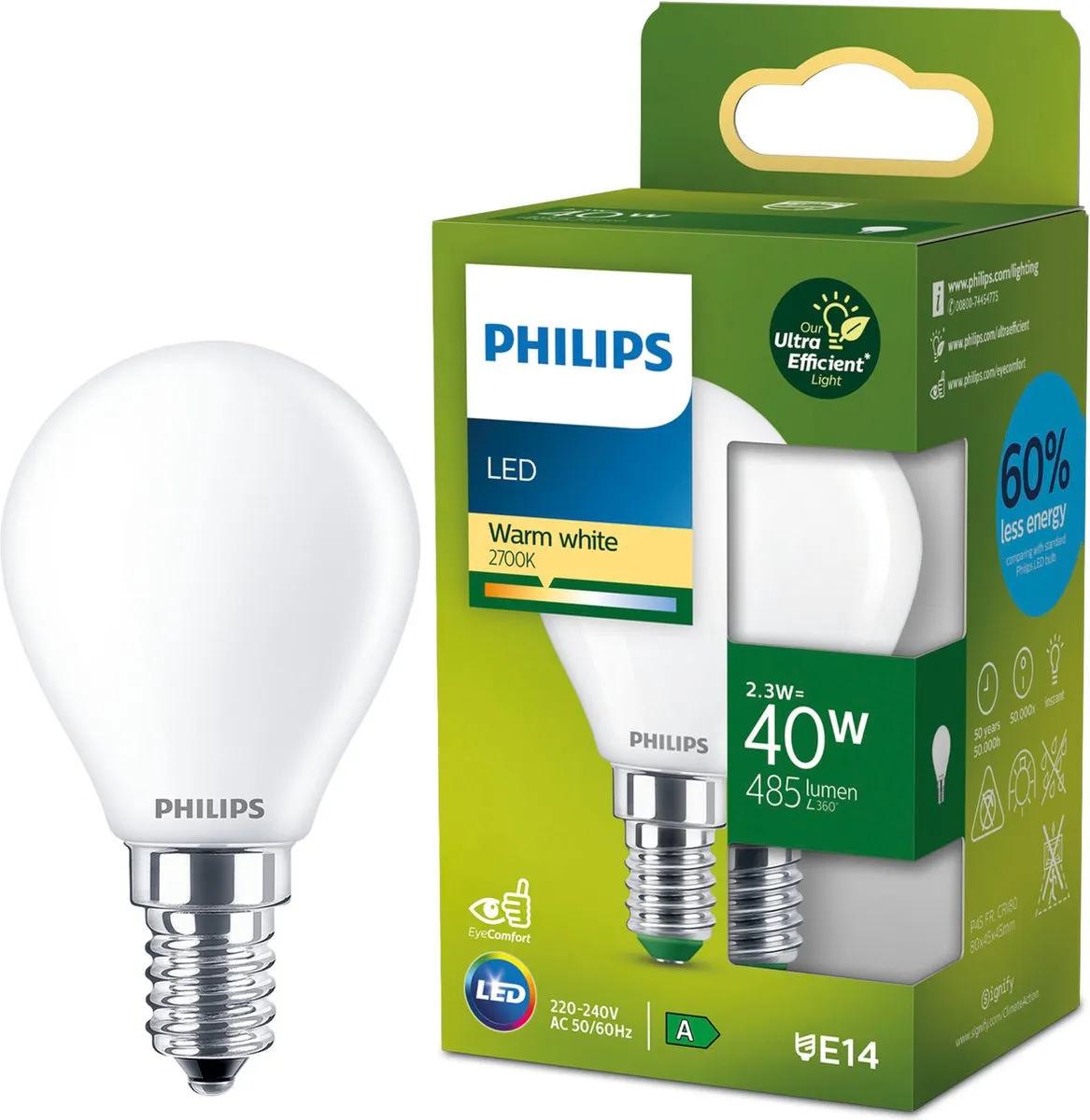 Philips Ultra Efficient LED Kogellamp 2.3W E14 Mat