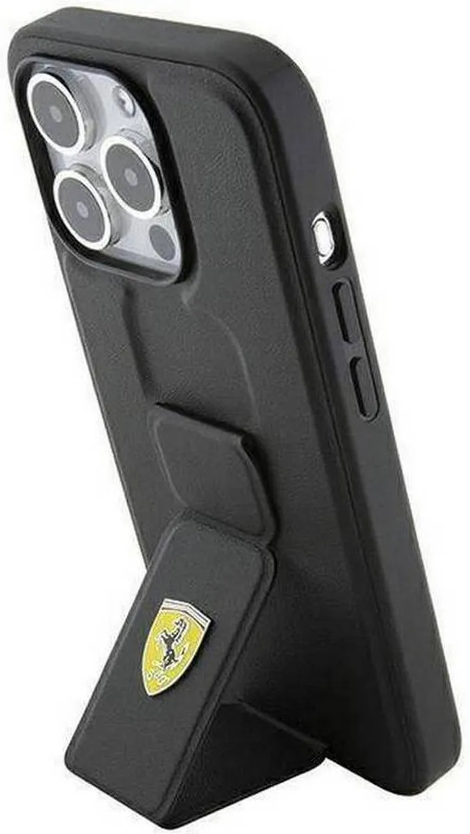 Ferrari iPhone 15 Pro Metal Logo Grip Stand - Zwart