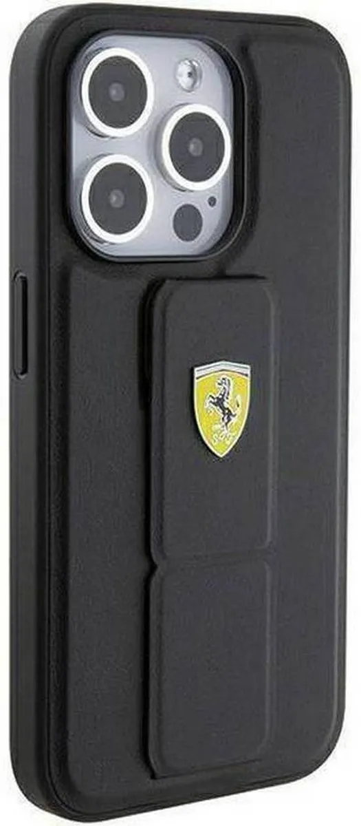 Ferrari iPhone 15 Pro Metal Logo Grip Stand - Zwart