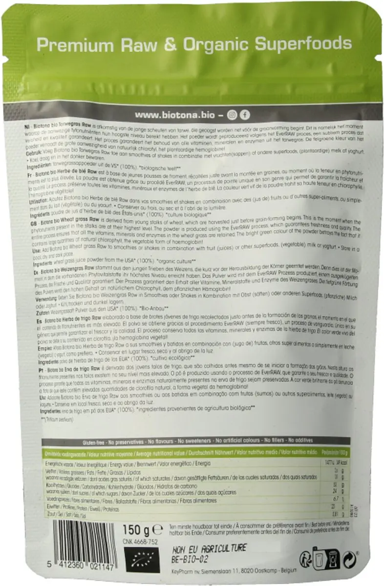 Biotona Wheat Grass Raw Bio 150g - afbeelding 2 van 5