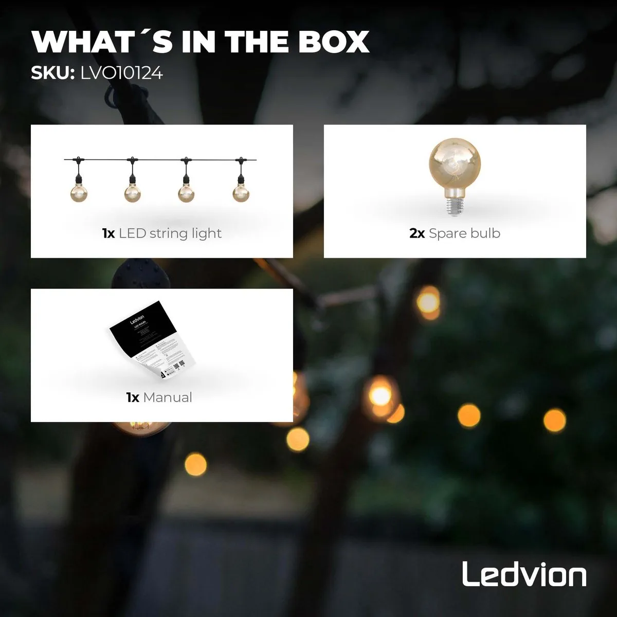 LEDVION LED Prikkabel 10M - 10x E27 LED 1.2W 2700K - Zwart