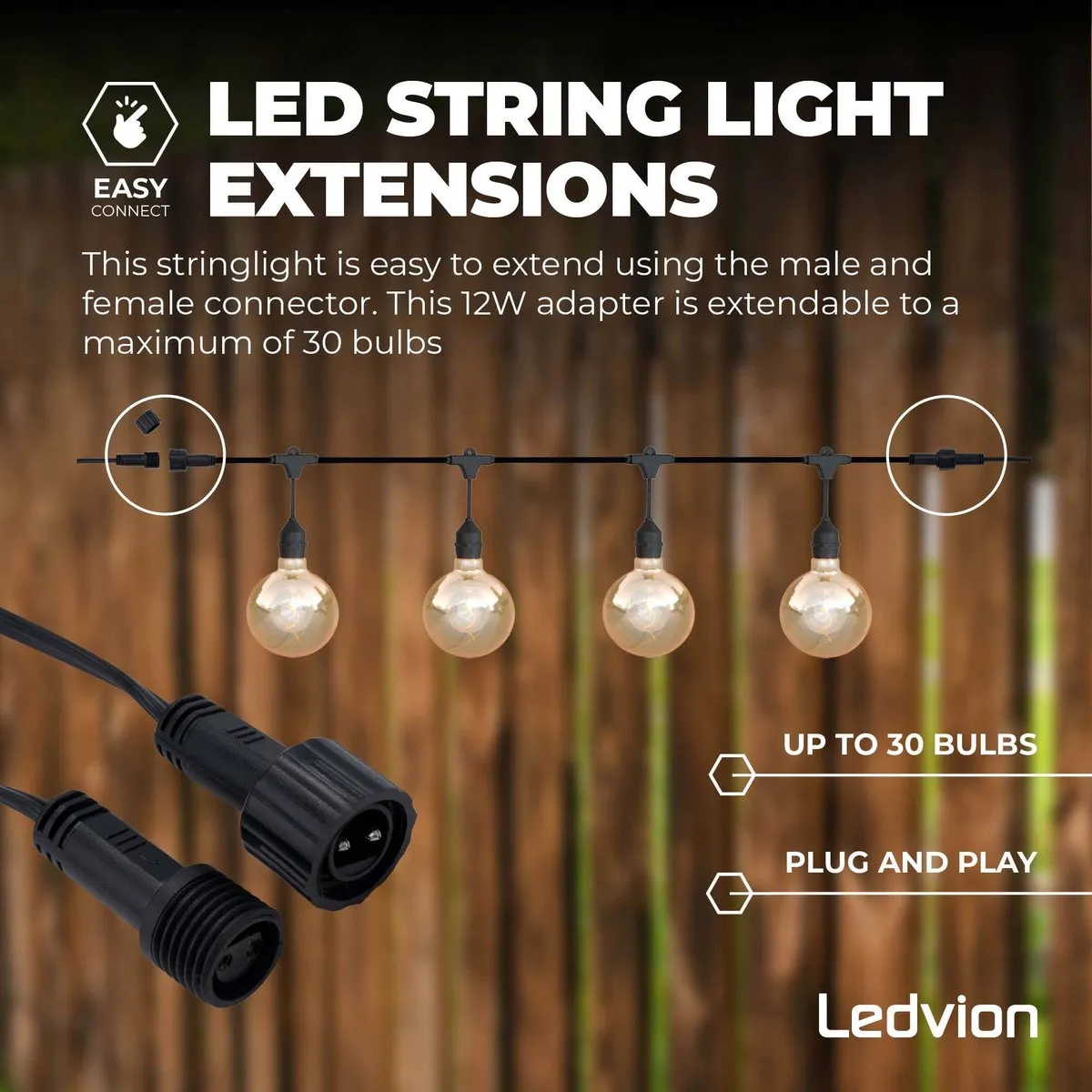LEDVION LED Prikkabel 10M - 10x E27 LED 1.2W 2700K - Zwart - afbeelding 6 van 6