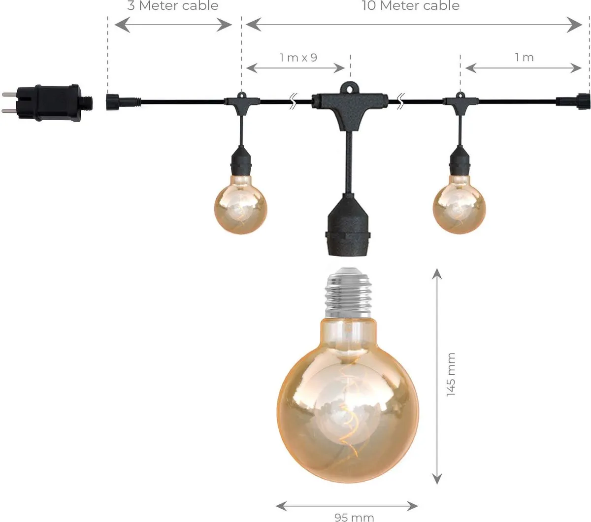 LEDVION LED Prikkabel 10M - 10x E27 LED 1.2W 2700K - Zwart