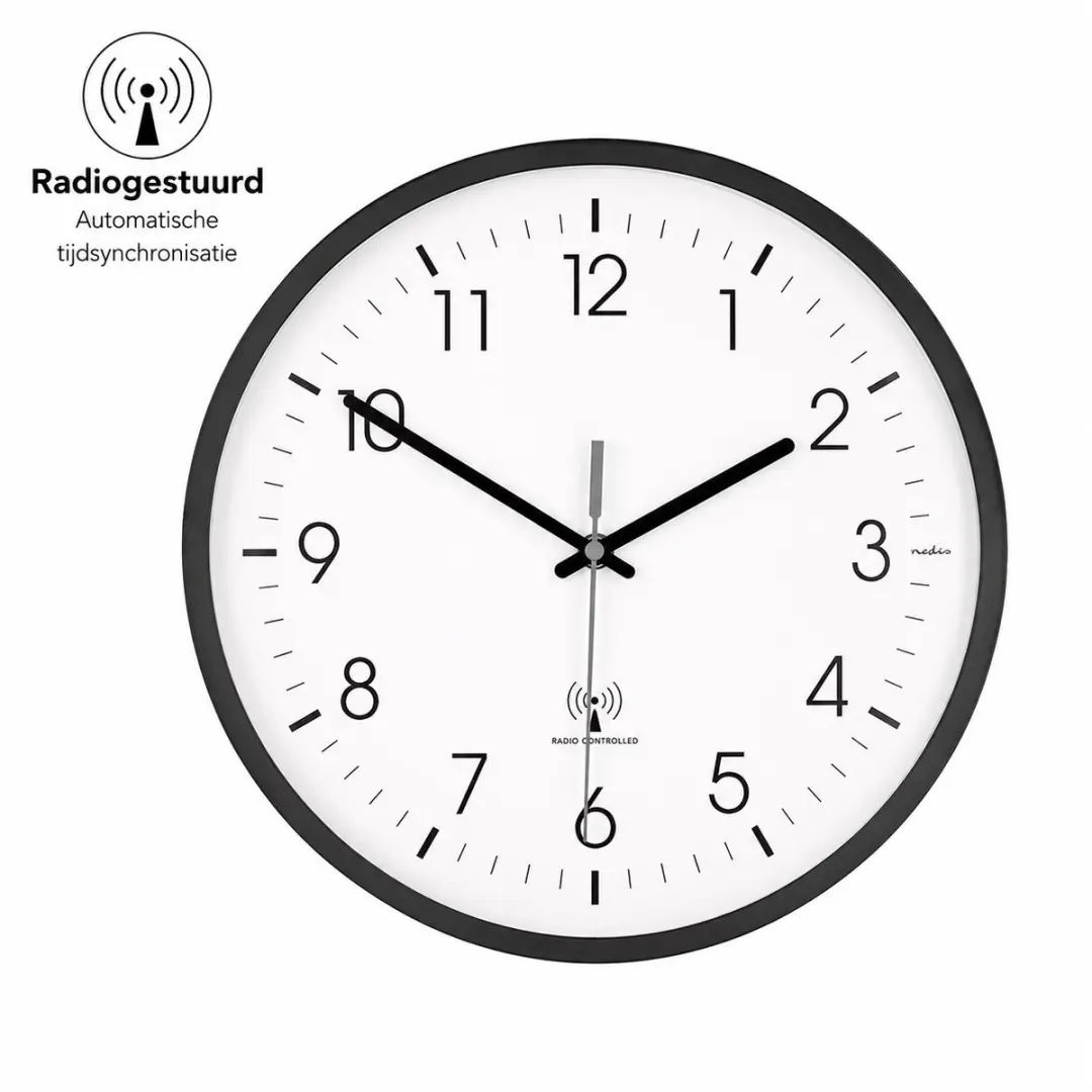 Nedis Wandklok CLWA7226SS - 30cm - Radiogestuurd - Wit/Zwart - afbeelding 3 van 6