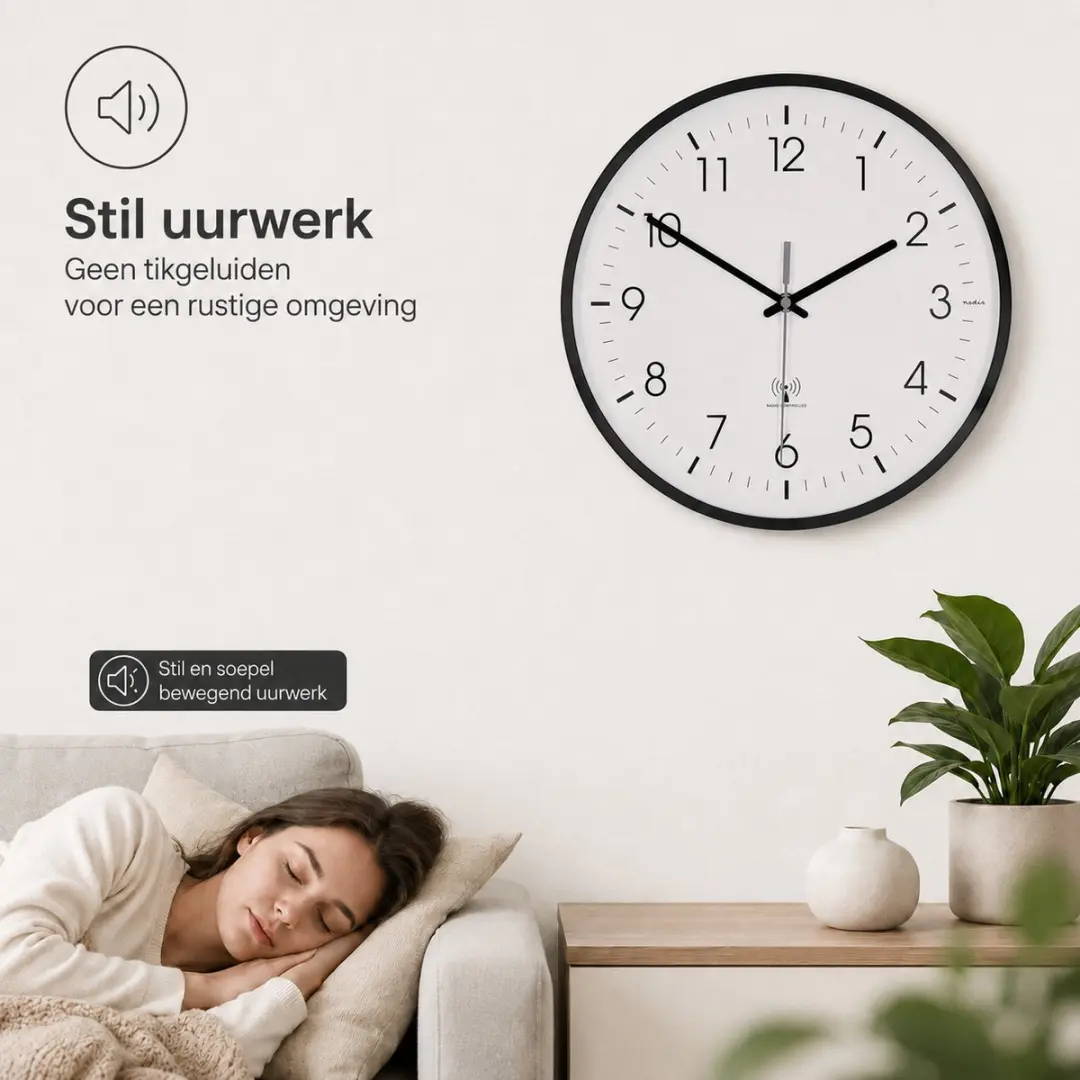 Nedis Wandklok CLWA7226SS - 30cm - Radiogestuurd - Wit/Zwart - afbeelding 4 van 6
