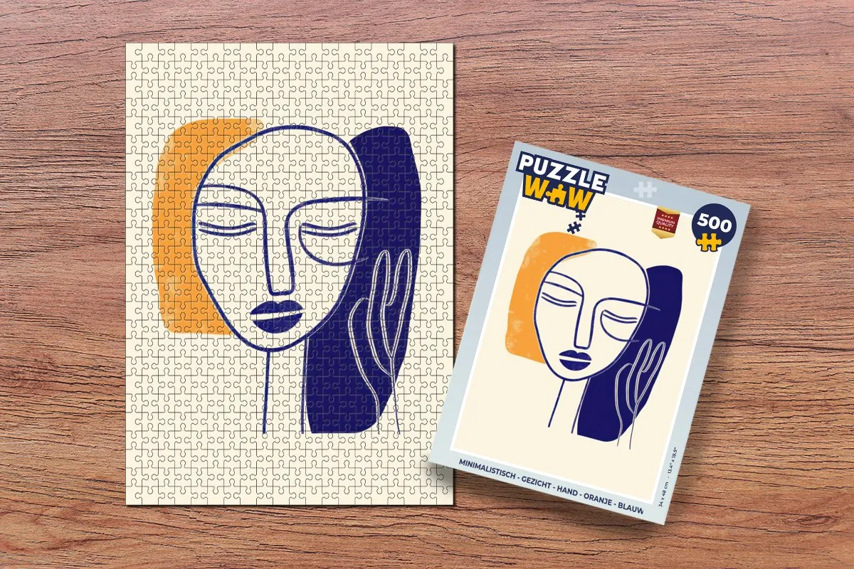 PuzzleWow Minimalistisch Gezicht Hand Legpuzzel 500 Stuks - Oranje/Blauw