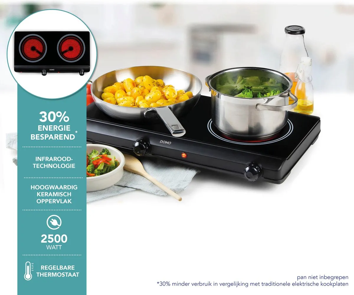 Domo DO339KP Keramische Kookplaat 2 Pits - 2500W - Zwart