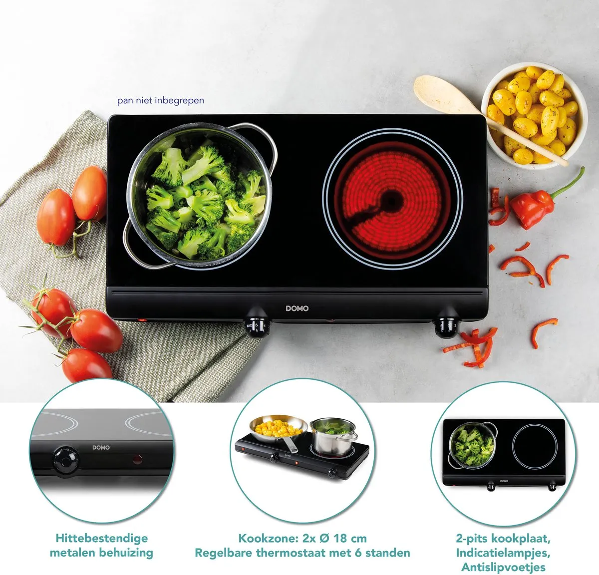 Domo DO339KP Keramische Kookplaat 2 Pits - 2500W - Zwart
