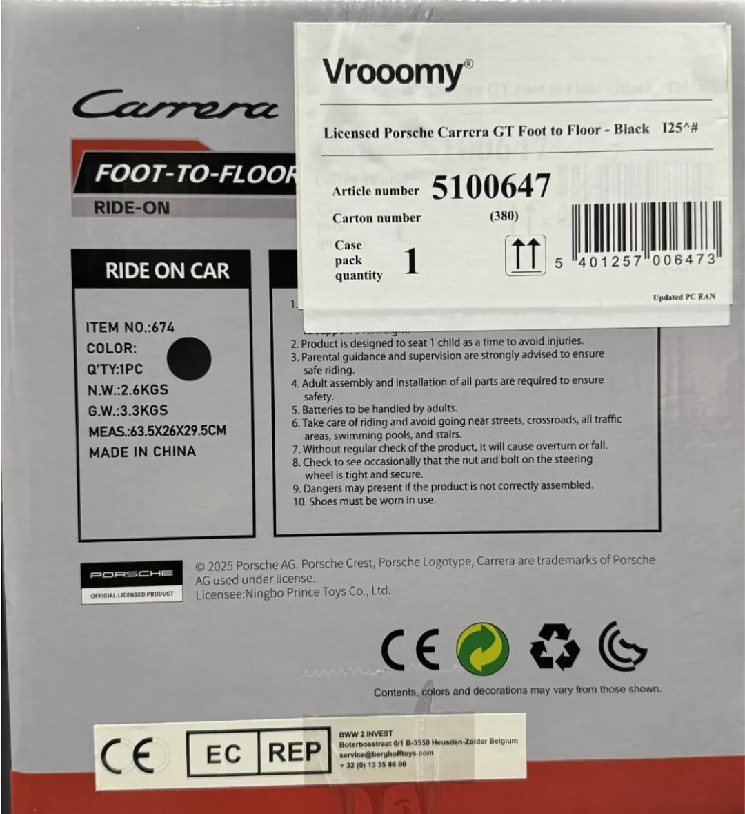 Vrooomy Porsche Carrera GT Loopauto - Zwart - afbeelding 5 van 6
