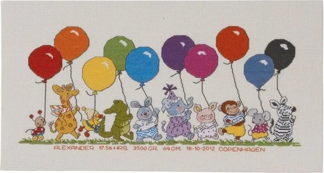 borduurpakket 92-0396 bobbi/happy friends, geboorte, ballonnenoptocht