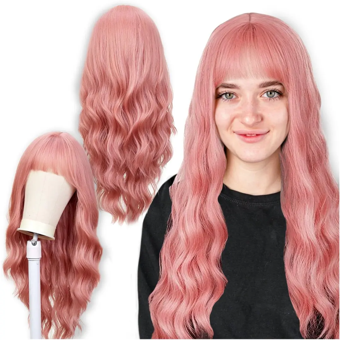 Damespruik Roze Lange Golven met Pony