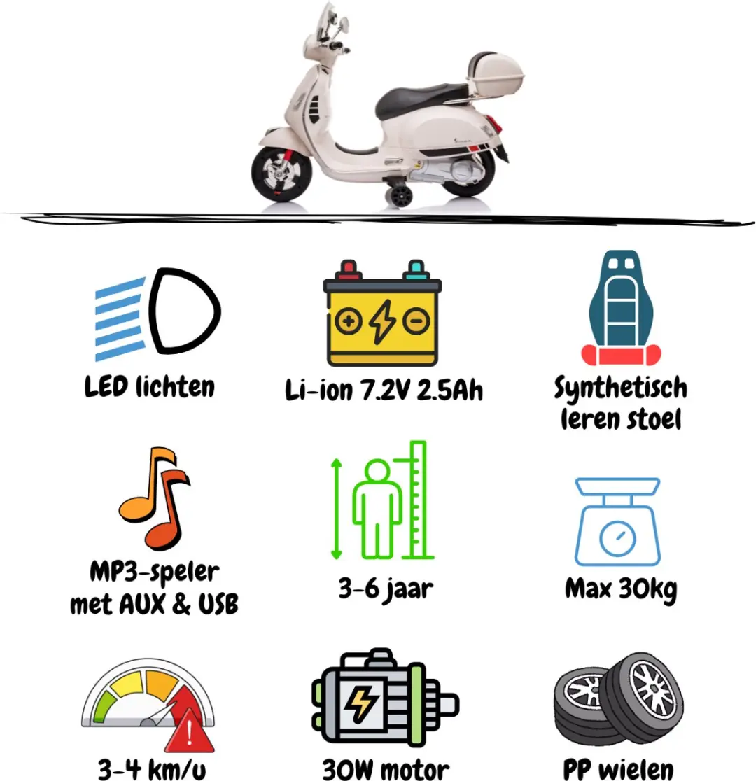 Vrooomy Vespa GT Full Option Elektrische Scooter 3-6 jaar - Wit - afbeelding 6 van 6