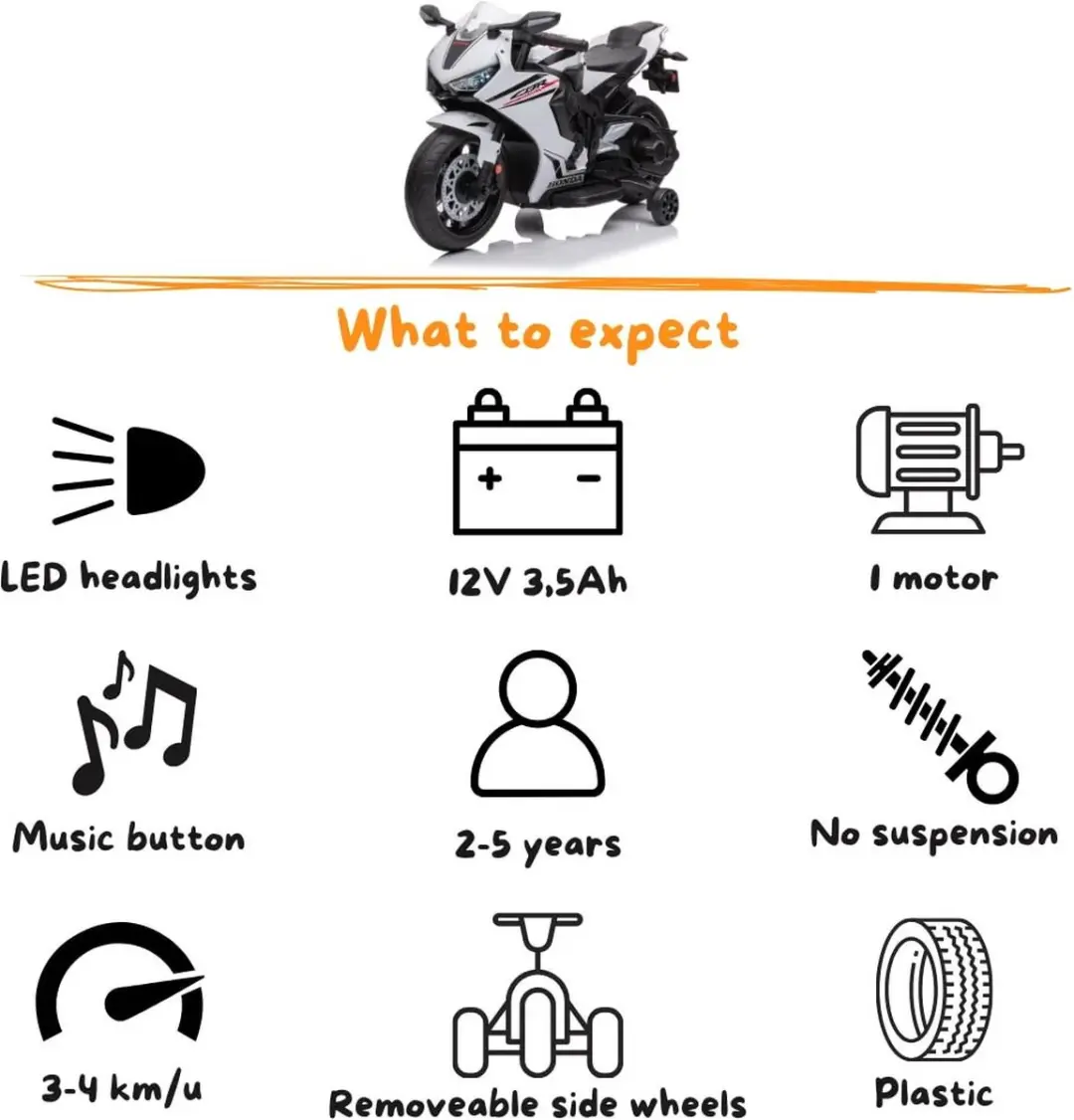 Vrooomy Honda CBR1000RR Elektrische Kindermotor 12V - Wit - afbeelding 2 van 6