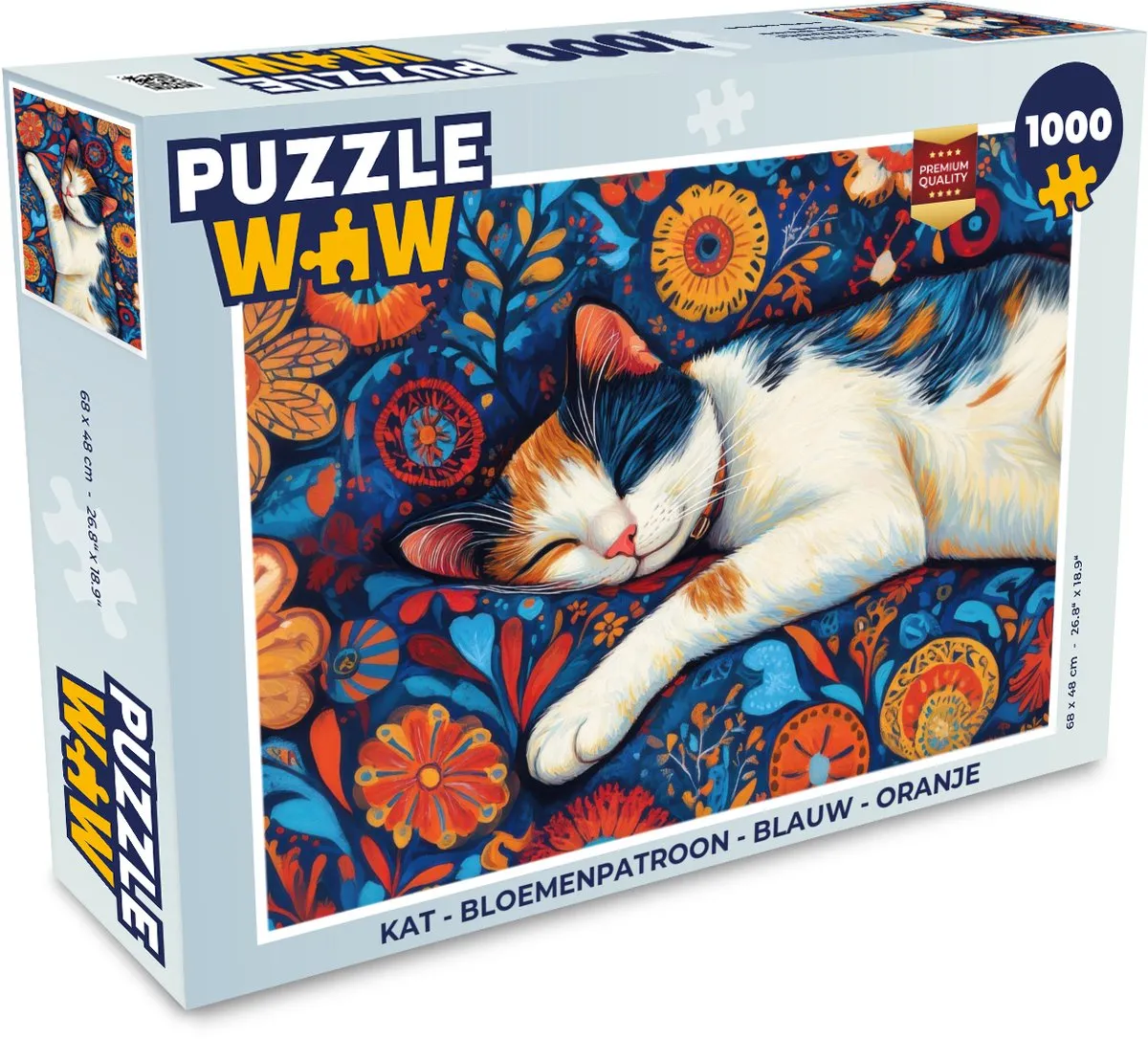 PuzzleWow Kat Bloemenpatroon Legpuzzel 1000 Stuks - Blauw/Oranje