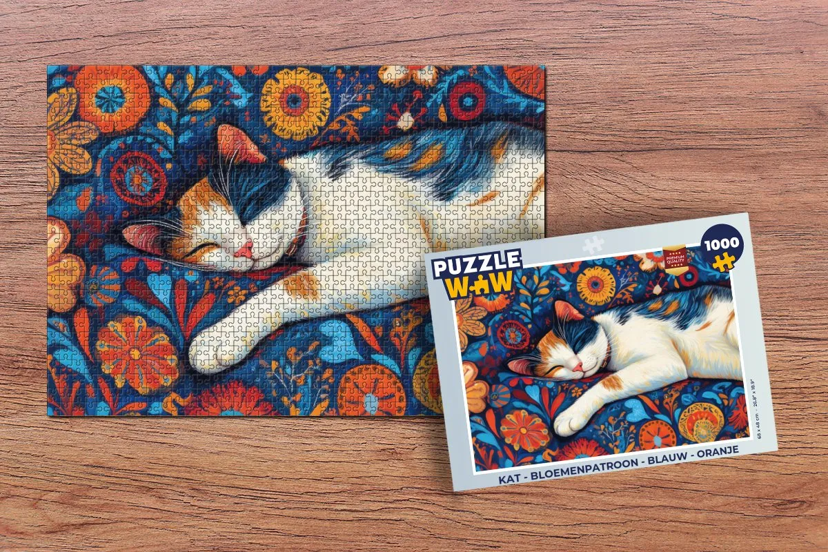 PuzzleWow Kat Bloemenpatroon Legpuzzel 1000 Stuks - Blauw/Oranje