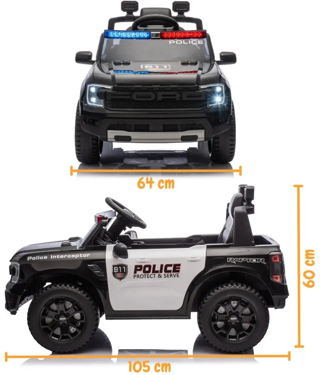 Vrooomy Ford Raptor Politie 12V Kinderauto - Zwart - afbeelding 5 van 6