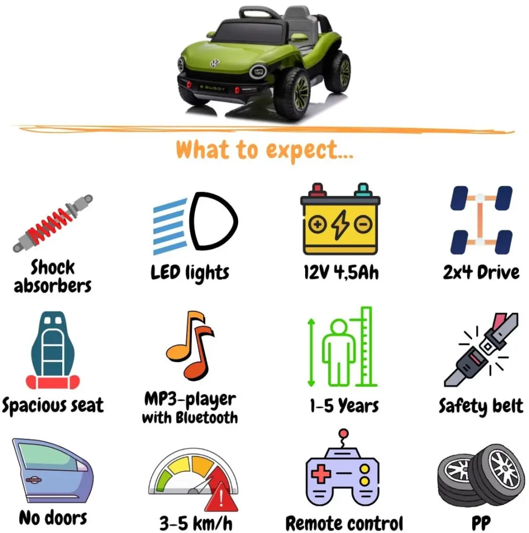 Vrooomy Volkswagen E-Buggy 12V Kinderauto - Groen - afbeelding 3 van 6
