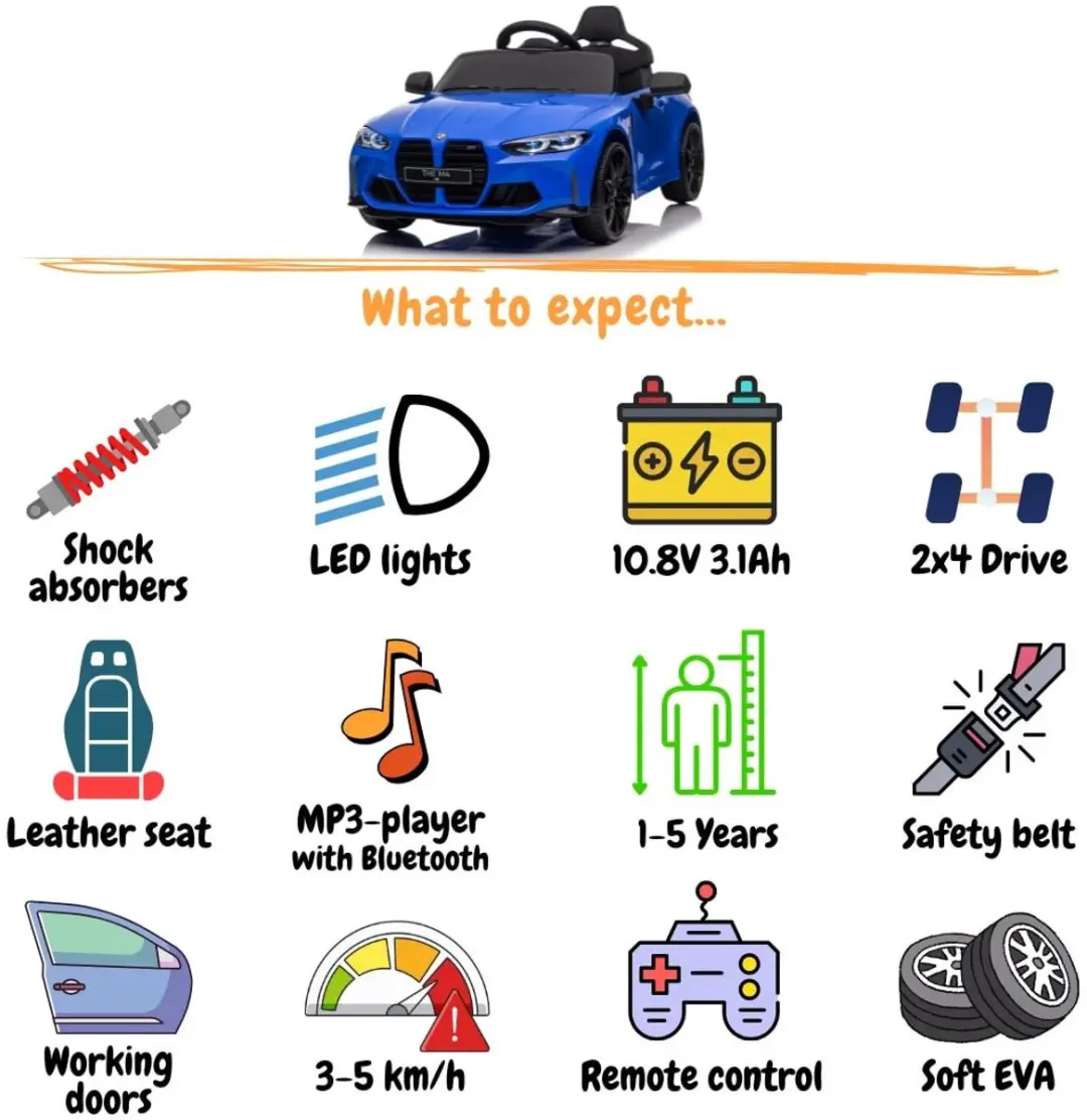 Vrooomy BMW M4 Competition Elektrische Kinderauto 12V Blauw - afbeelding 2 van 6
