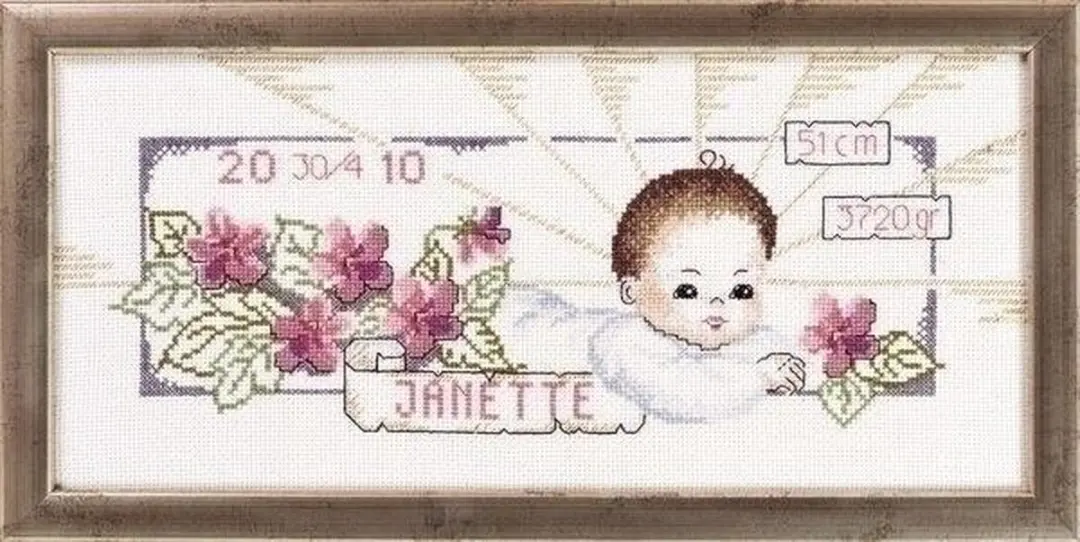 Permin geboortetegel Janette 12 8656, borduurpakket geboorte meisje ca. 38 x 17