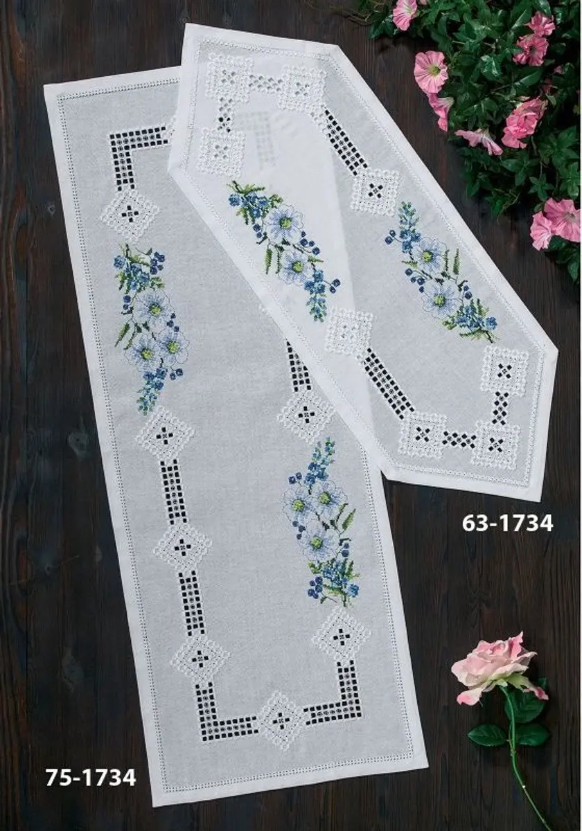 Hardanger-  en borduurpakket  loper met bloemen permin 75-1734