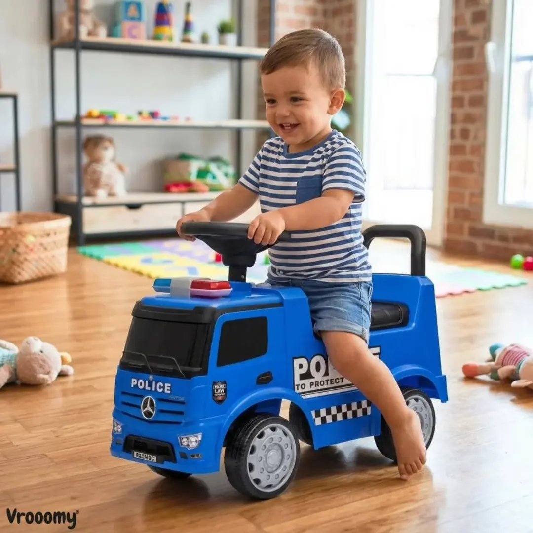 Vrooomy Mercedes-Benz Antos Politie Loopauto Blauw - afbeelding 2 van 6