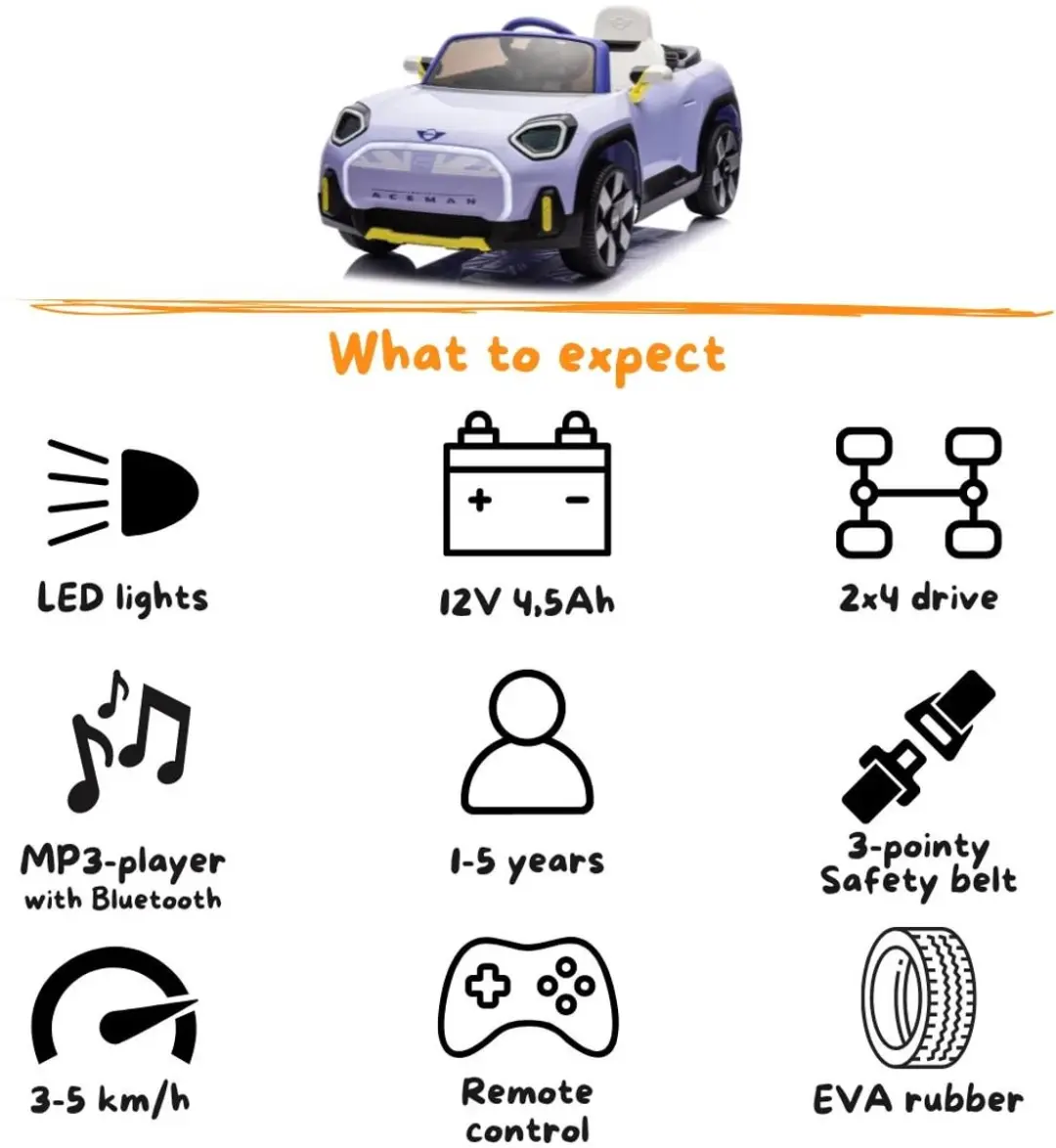 Vrooomy Mini Aceman Concept 12V Kinderauto - Paars - afbeelding 3 van 6