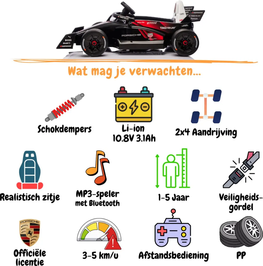 Vrooomy Porsche 99X Electric Kinderauto 12V - Zwart - afbeelding 3 van 6