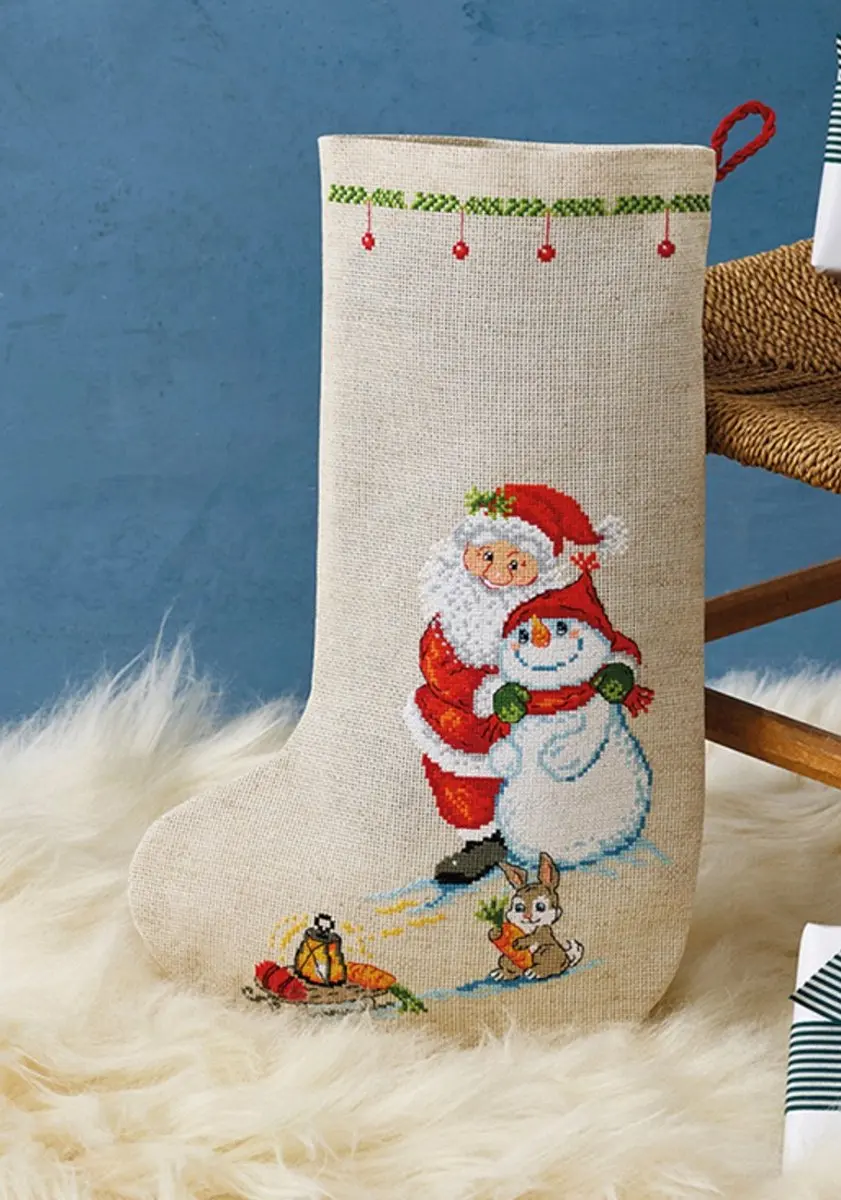 Permin borduurpakket kerstsok kerstman en sneeuwpop 41-5237 telpatroon