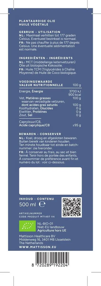 Mattisson Biologische MCT Olie C8 500ml