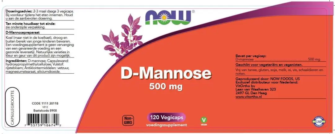 Now Foods D-Mannose 500mg - 120 Vegicaps - afbeelding 2 van 3