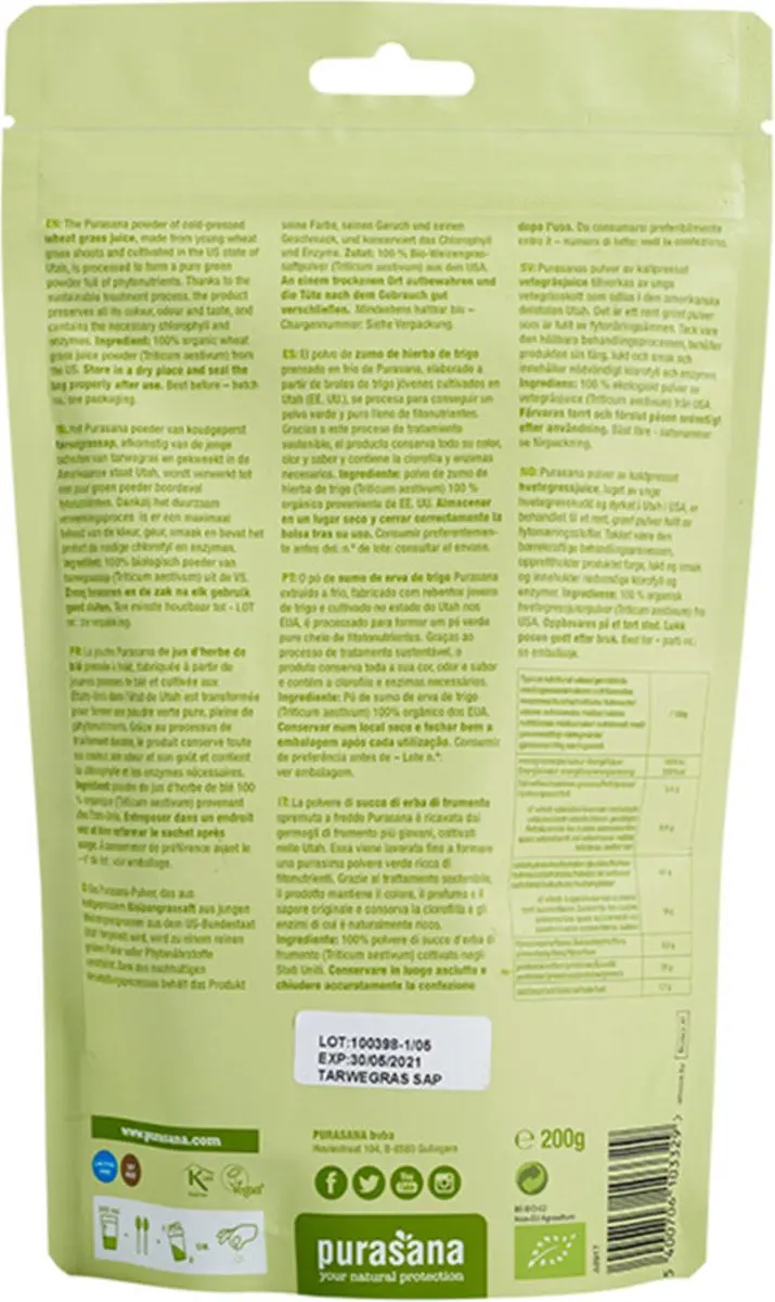 Purasana Tarwegras Sappoeder Bio 200g - afbeelding 6 van 6