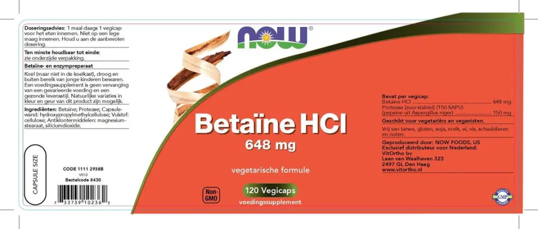 Now Foods Betaïne HCL 120 Vegicaps - afbeelding 2 van 4