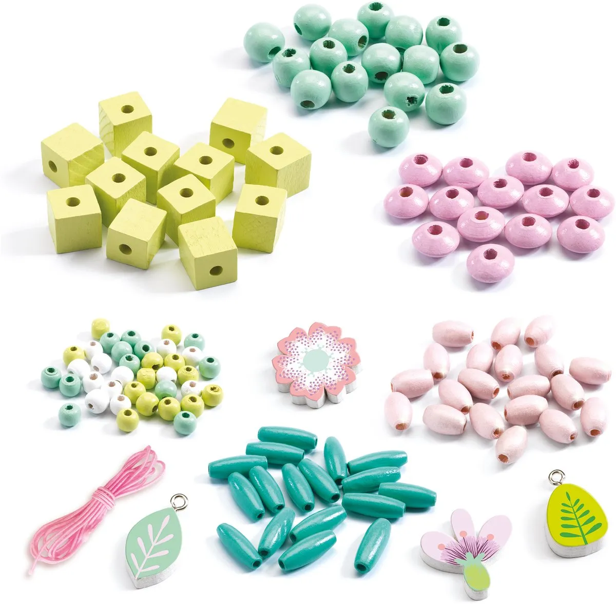 Djeco Houten Parels Bloemen en Blaadjes - 450 Stuks - Multicolor