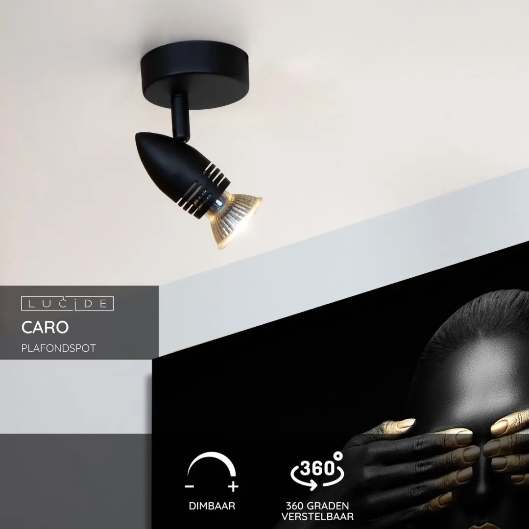 Lucide CARO Plafondspot GU10 Ø9cm - Zwart - afbeelding 2 van 6